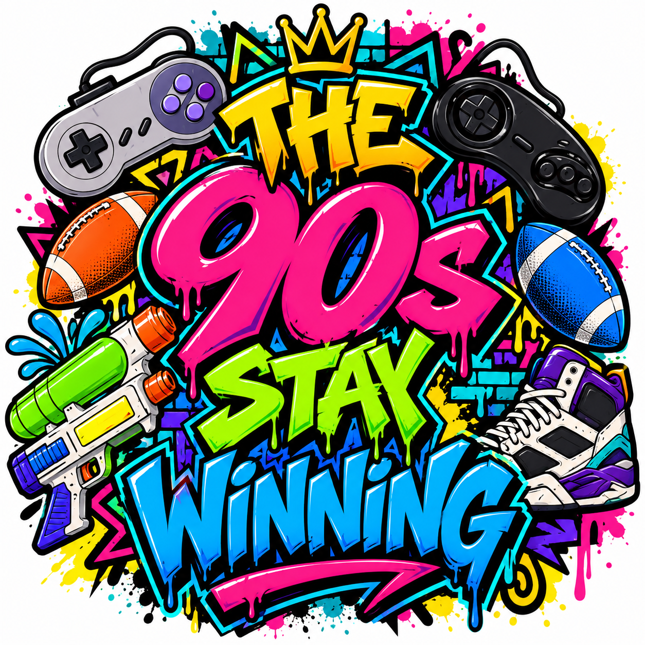 The 90s Stay Winning graffiti logo with retro controllers, toys, and a high-top sneaker
